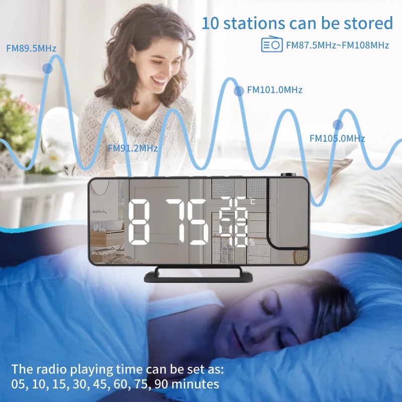 Hot Selling Digital Clock with Projection Fm Radio Tabletop Electronic Led Mirror Alarm Clocks Square Modern ABS Small Radio