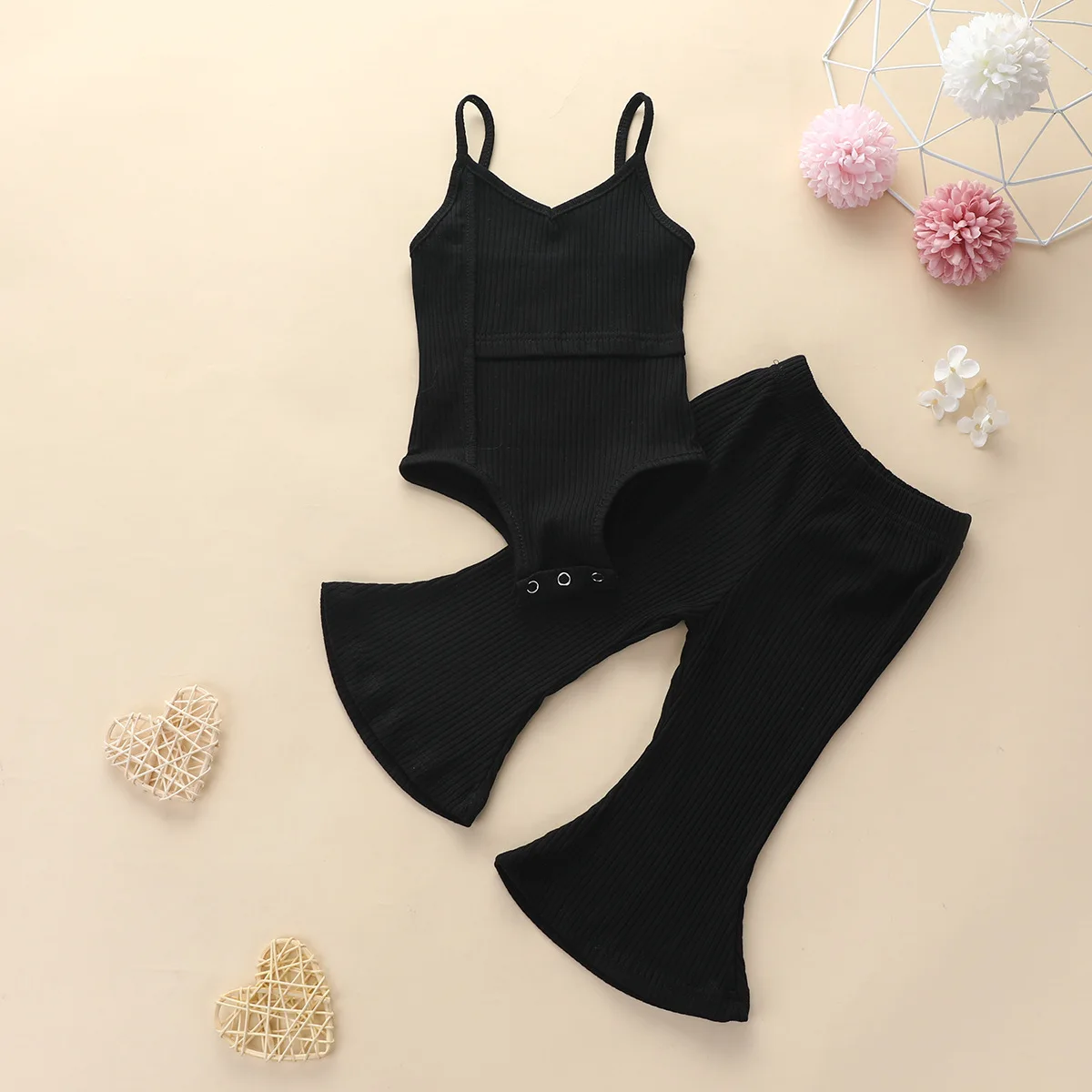  CRS19055 summer Baby girl kids clothing Knitted Solid color vest rompers + flared trousers pants 2pcs set