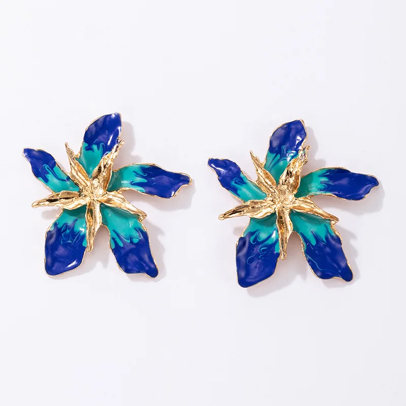 Fashionable personality exaggerated multi-layer metal alloy blue flower earrings jewelry women for 2023