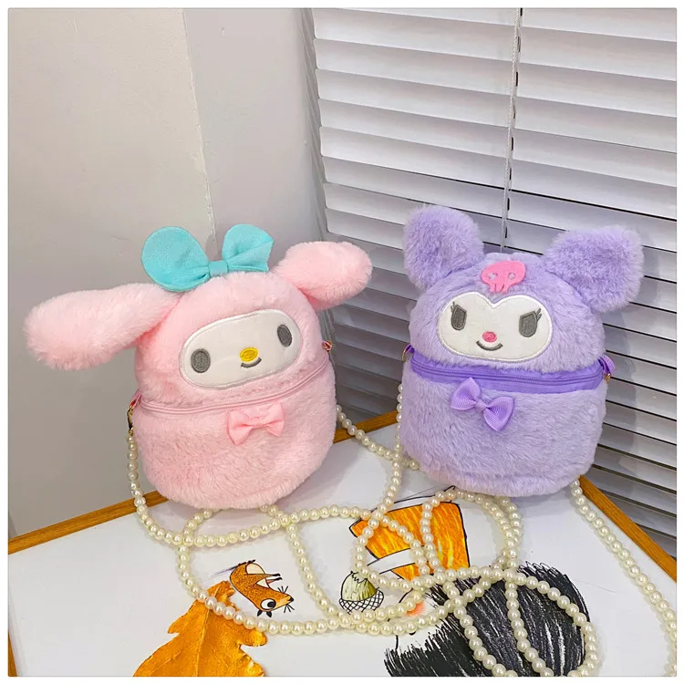 Cartoon Japanese Pearl Chain Diagonal Small Round Bag Cute Plush Soft Cute Girl Shoulder Bag Cartoon Storage Small Bag Wholesale