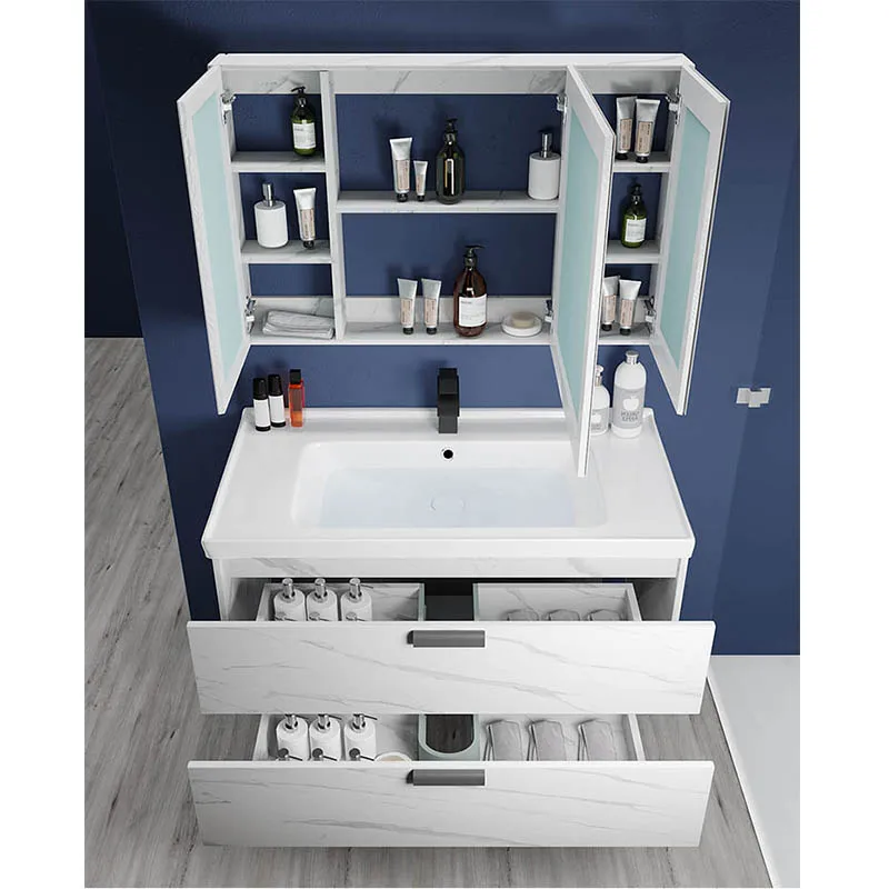 Hotel Lavatory White Marble Pattern Wall Mount Bathroom Vanity Cabinet
