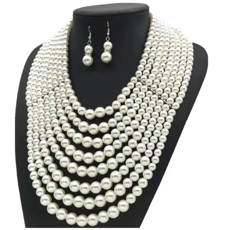 Wholesale multilayer Layers Pearl Necklace Earring fashion Jewelry Set For Women Party Exaggerate Big Pearl earrings Jewelry Set