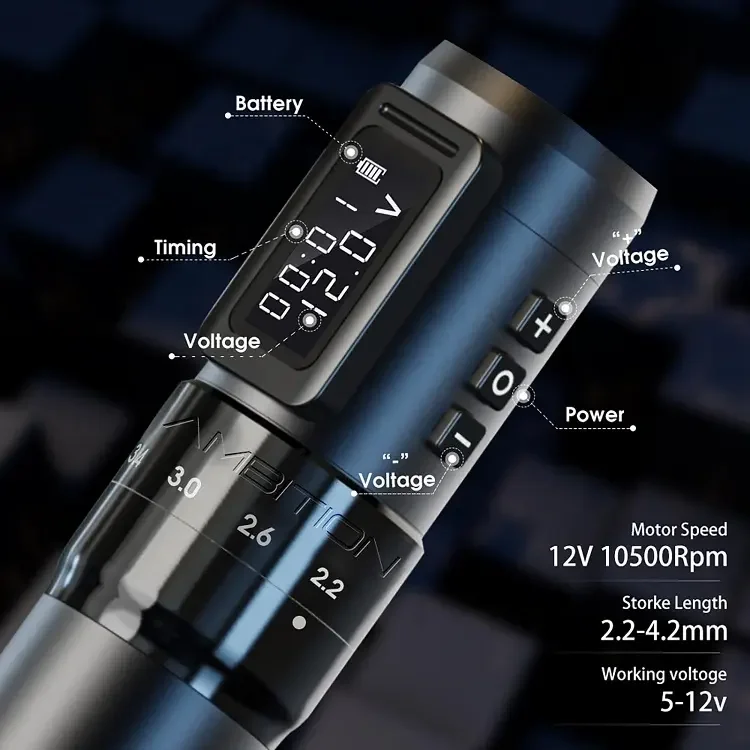 1800mAh Powerful Coreless Motor 2.2-4.2mm 6 Stroke Adjustable Professional Wireless Tattoo Machine Pen