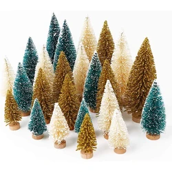 Handmade Winter Snow Ornaments Green Ivory Gold Mini Bottle Brush Christmas Tree Set