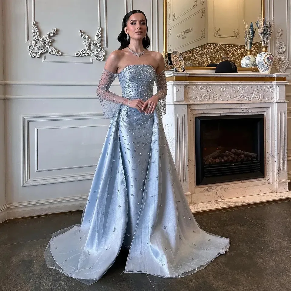 Light Blue Elegant Beaded Evening Dresses With Overskirt Luxury Gowns for Women Wedding Party dress 2025