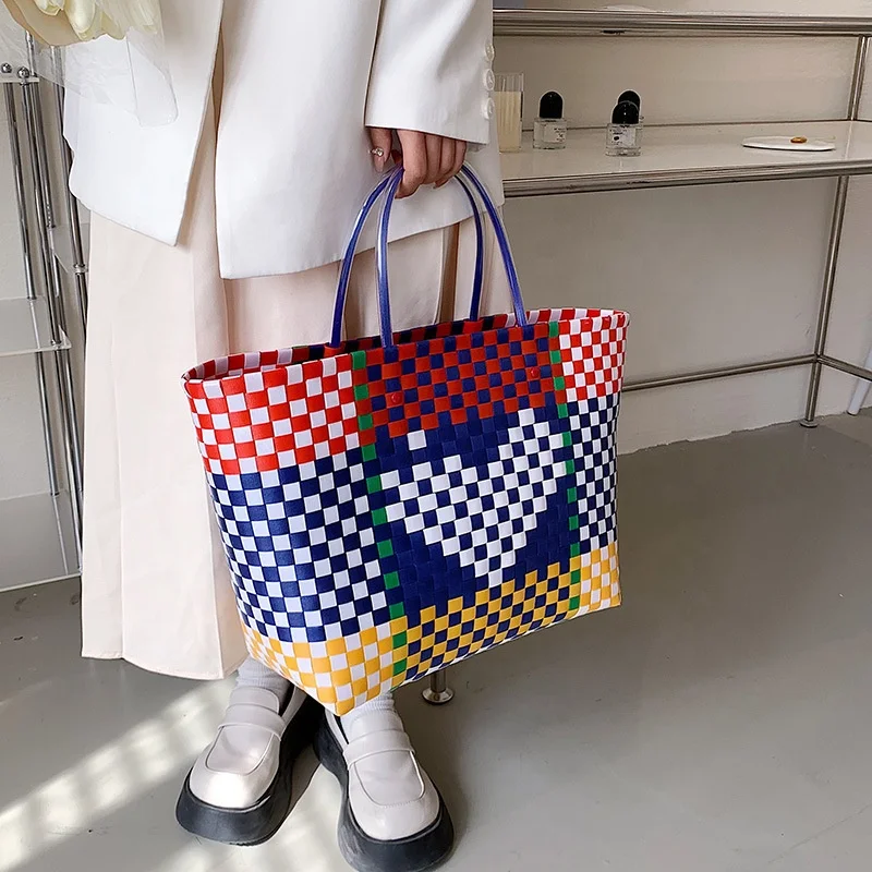 Summer Individuality New Arrivals Portable Color Contrast Ladies Purse Vacation Beach Shopping Vegetable Basket Tote Bag