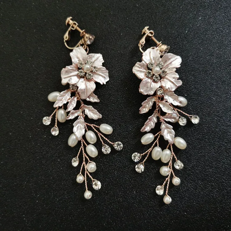 SLBRIDAL ручной работы со стразами с украшением в виде кристаллов цветами и жемчугом клип на свадебные серьги-подвески форме люстра серьги для женщин ювелирные изделия девушек