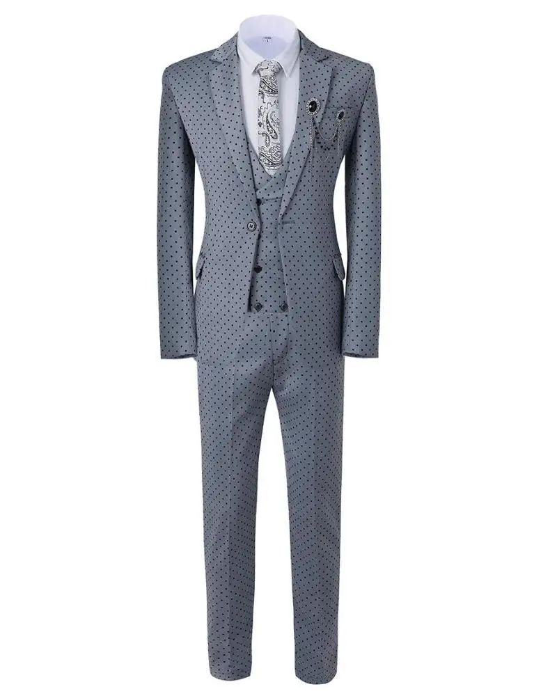 Slim Fit Notch Lapel double bleasted grey men suit mens trouser (Blazer+vest+Pants)