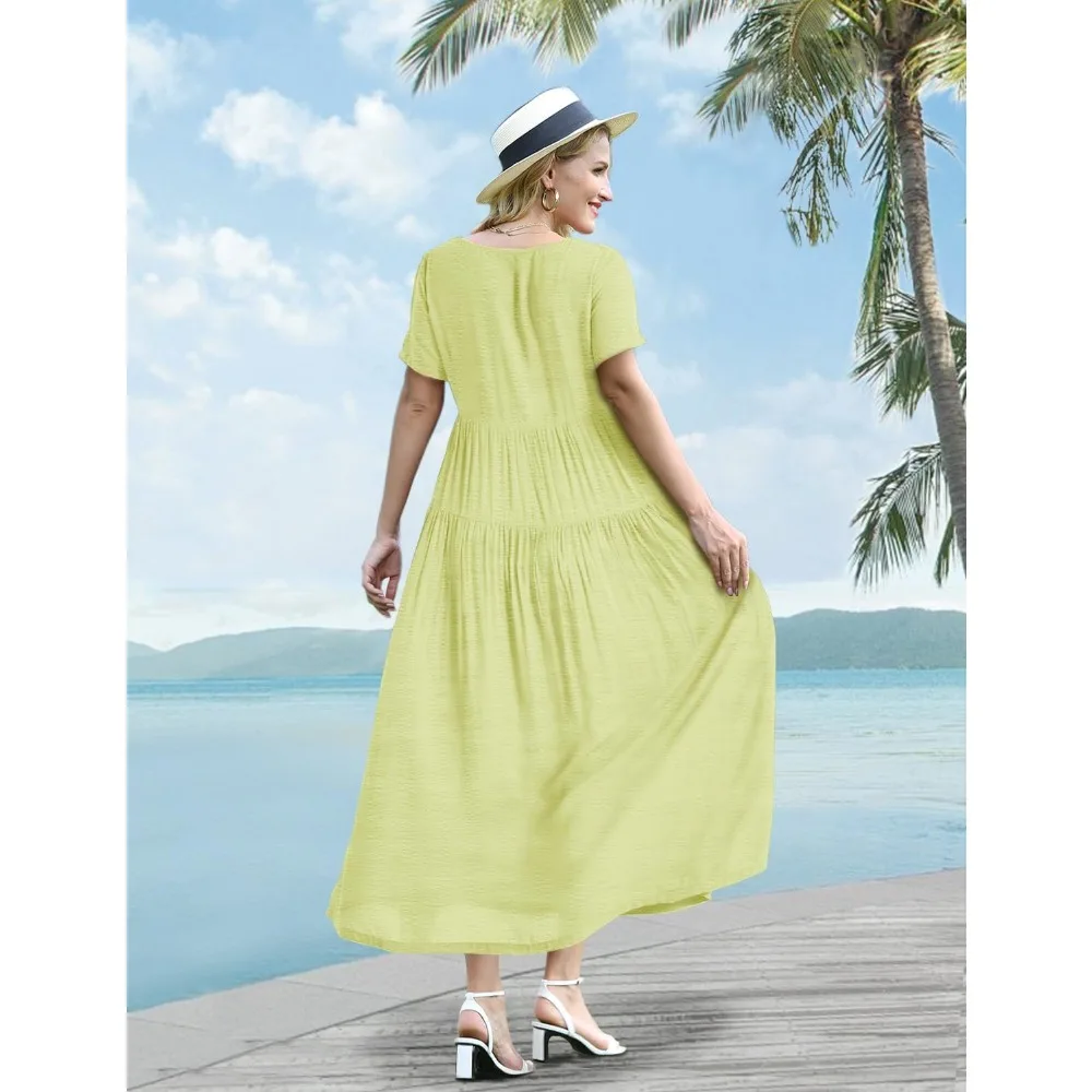 Plus Size Elegant dresses for Women Casual Summer Dress Boho Crew Neck Short Sleeve Babydoll Floral Print Flowy Beach Dresses