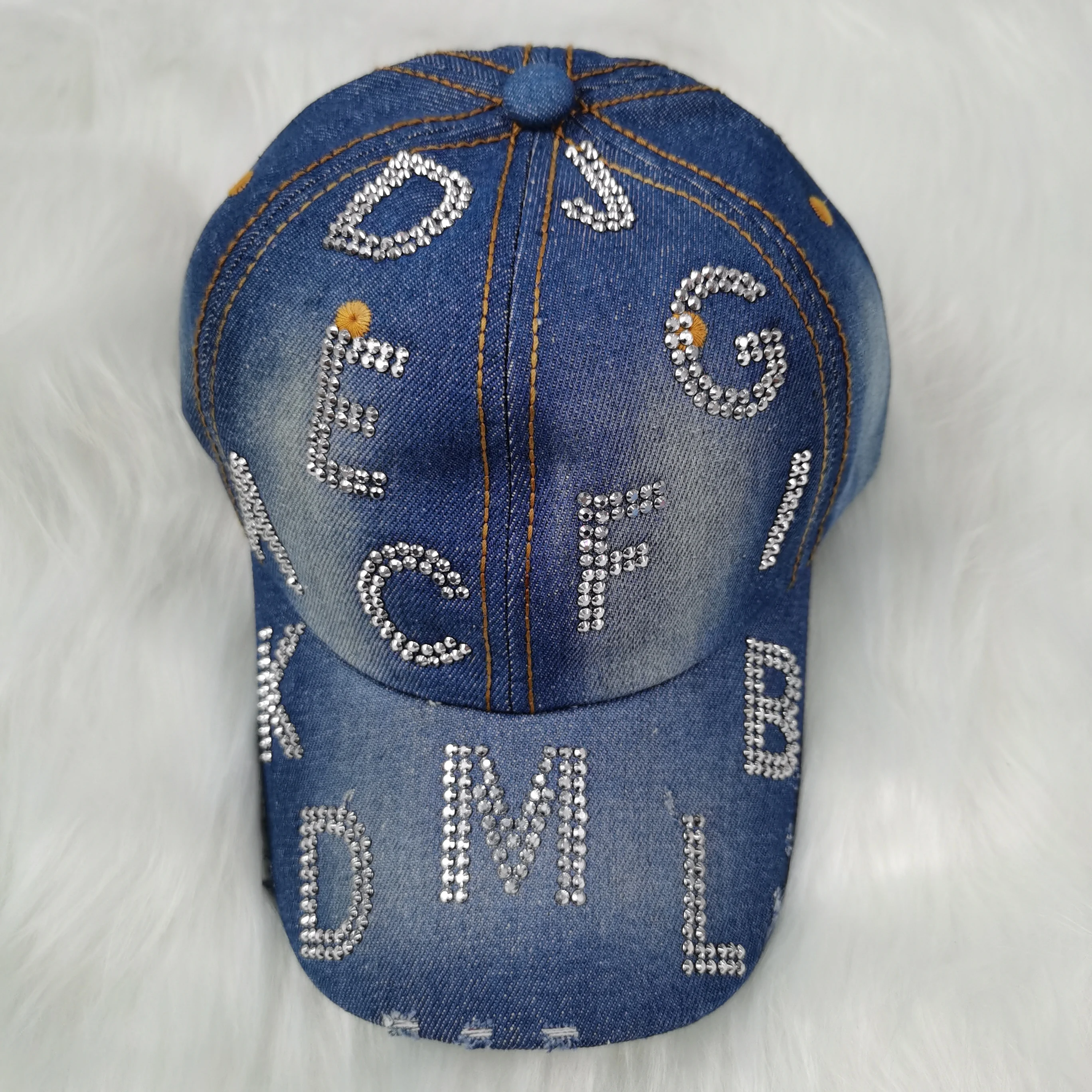 N251CP Роскошная ковбойская шляпа со стразами блестящими надписями и блестками, потертая Потертая джинсовая бейсболка с надписью letterman