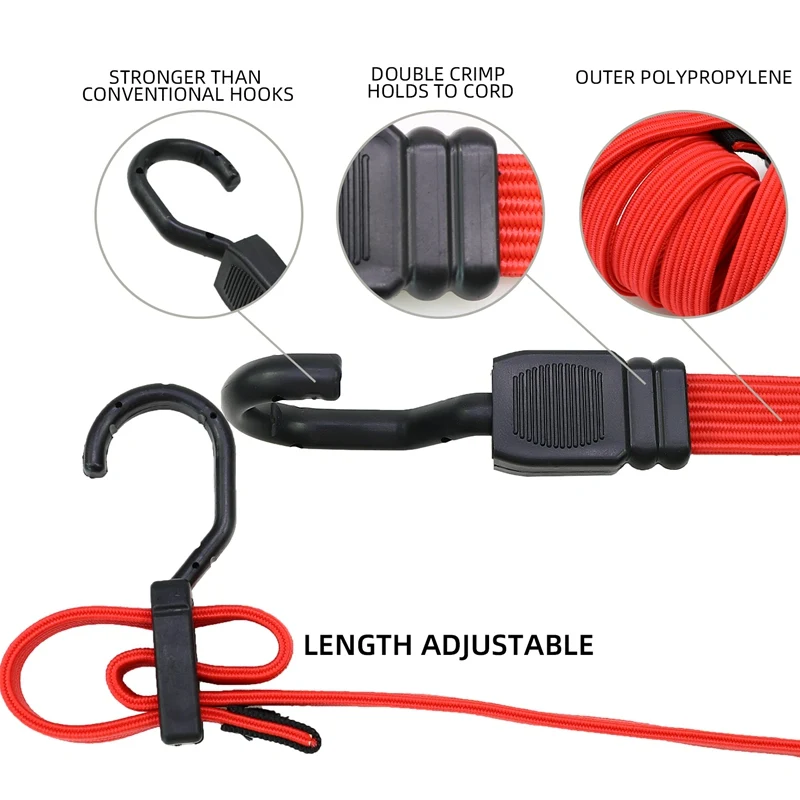 Motorcycle Accessories Cargo Strap Adjustable Fitness Flat Bungee Cord Strap with Plastic-Coated Metal Hooks
