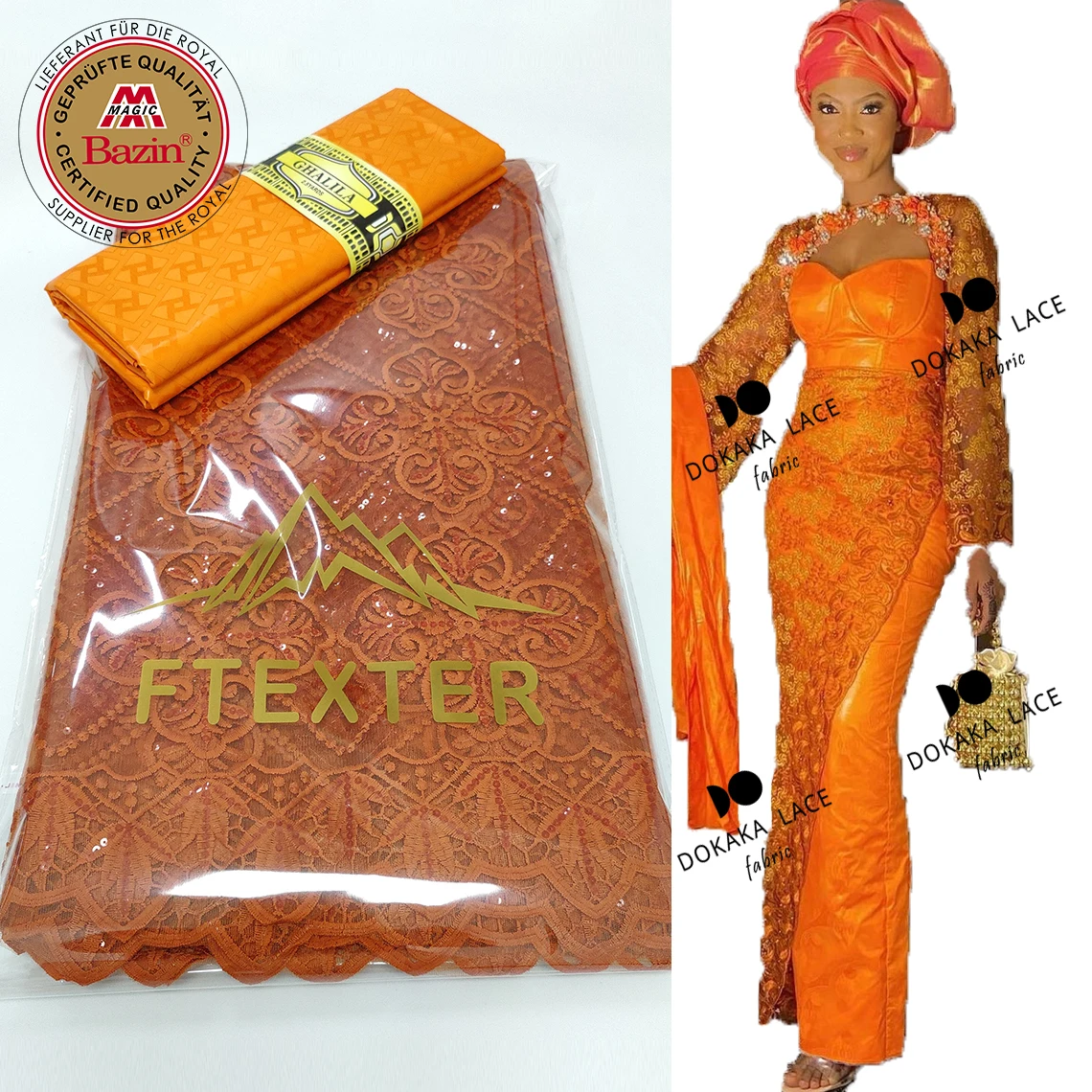 
 Orange Top Quality Ankara Bazin Riche Fabric And Sequined Net Lace With Guipure Elegant Nigerian Wedding Evening Gowns Net Laces  