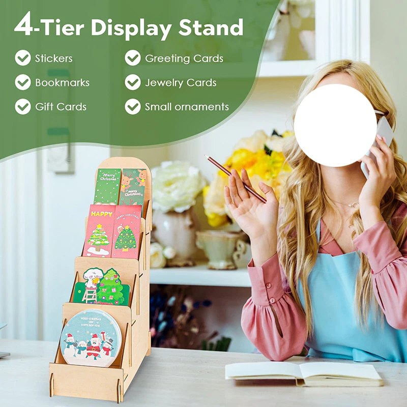 Greeting card display stand with three-layer wooden sticker display stand customizable storage rack