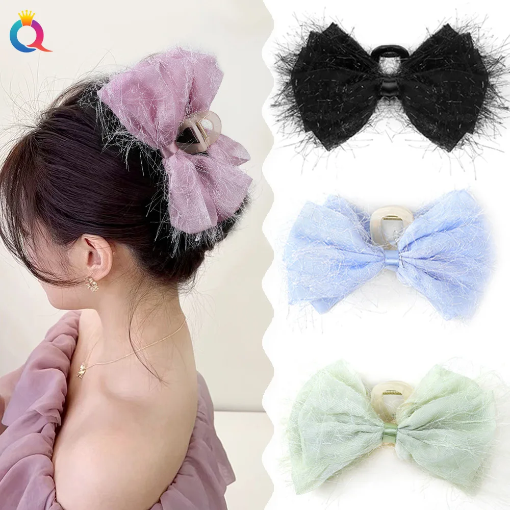 QIYUE Fabric Chiffon Bow Hair Clip Back Head Plate High-end Large Clip Hair Accessories