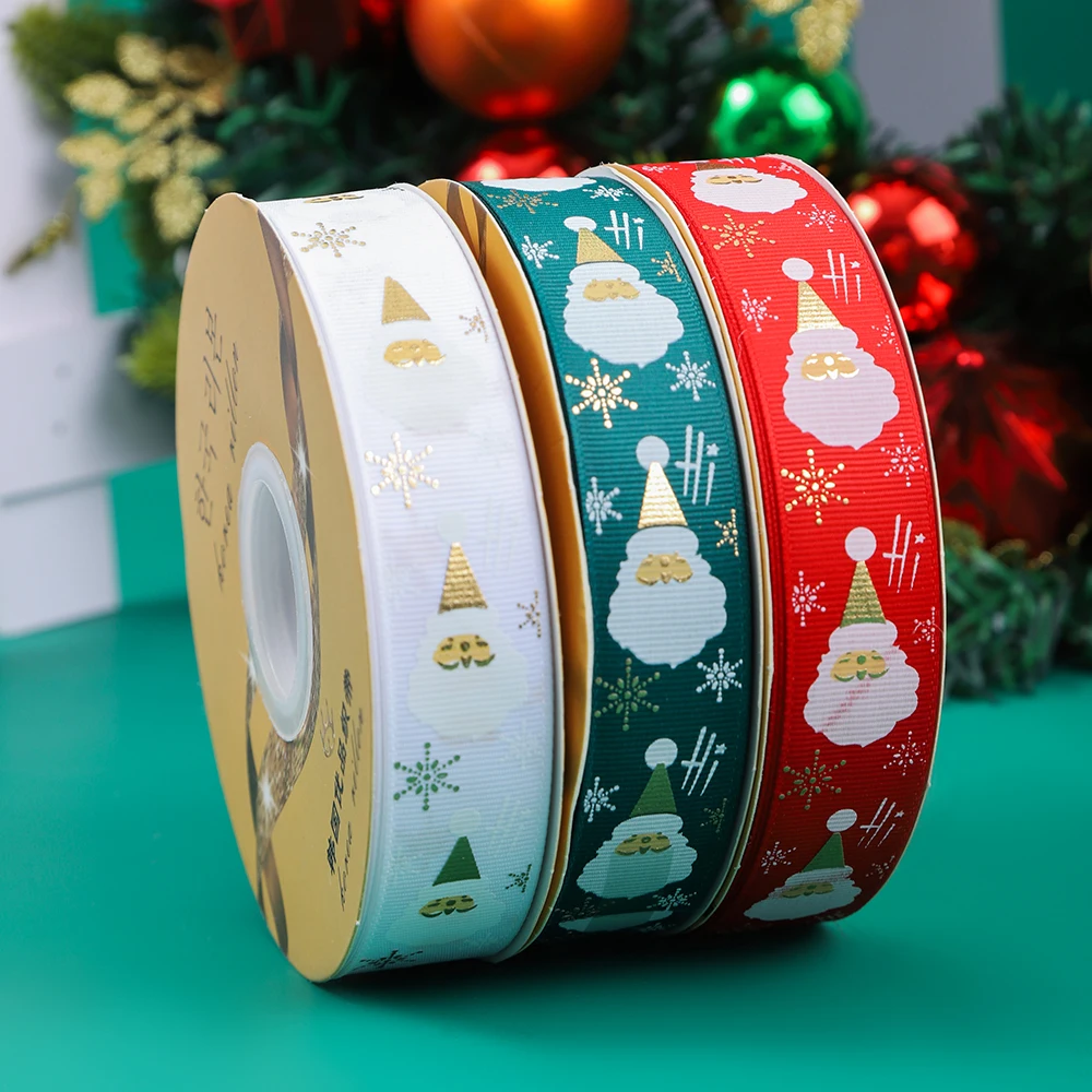 New 25mm wide Christmas gift ribbon with thermosetting hot stamping Santa Claus elk pine tree pattern ribbon