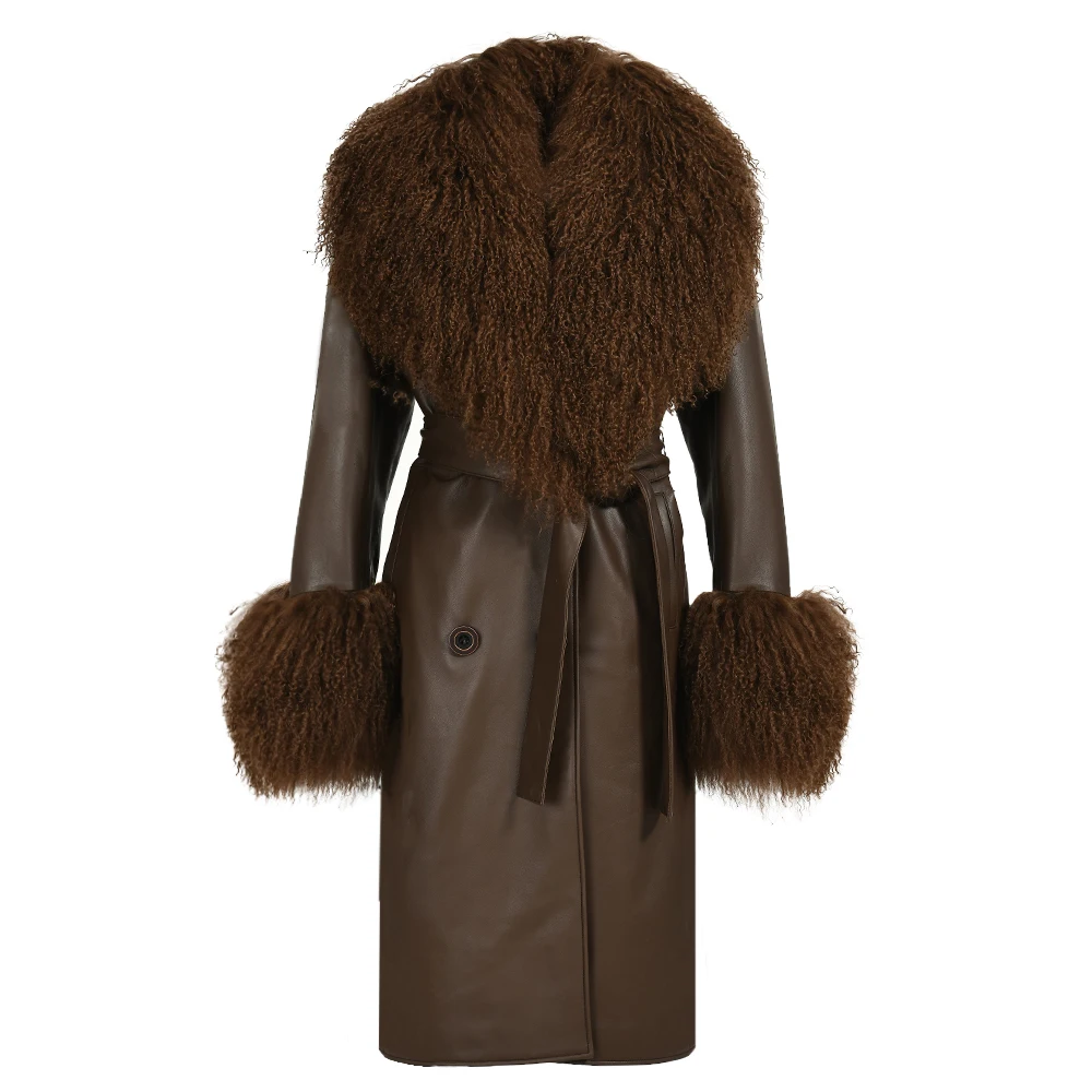 Factory Wholesale Genuine Sheepskin Leather Jackets With Real Mongolian Fur Collar And Cuffs Long Womens Leather Coats