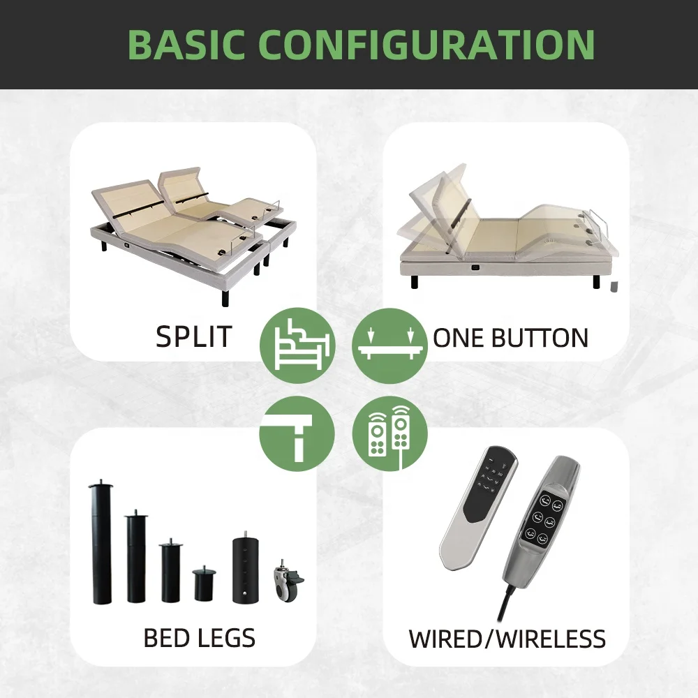 Automatic Smart Furniture Design Soft and Foldable Extendable Split Adjustable Bed with Massage Feature