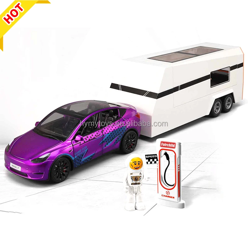 Aliexpress Hot Selling 1:24 Die Cast Car Tesla Model Y Pull Back Die Cast Car Music Light Simulation Tesla with Charging Pile