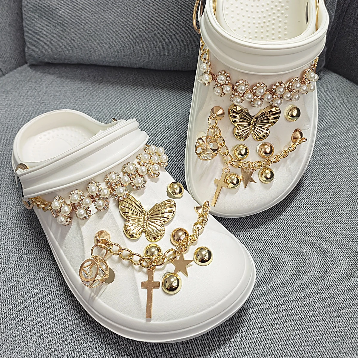 Gold chain metal line butterfly Clogs accessories imitation pearl chain gold series hole shoe charms