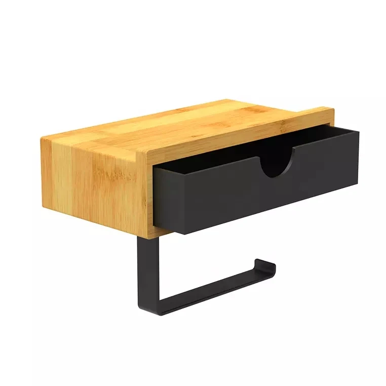 Amazon Hot Selling Self-adhesive Sticker Storage Holder Bamboo Wall Mounted Bathroom Toilet Paper Roll Holder with Storage