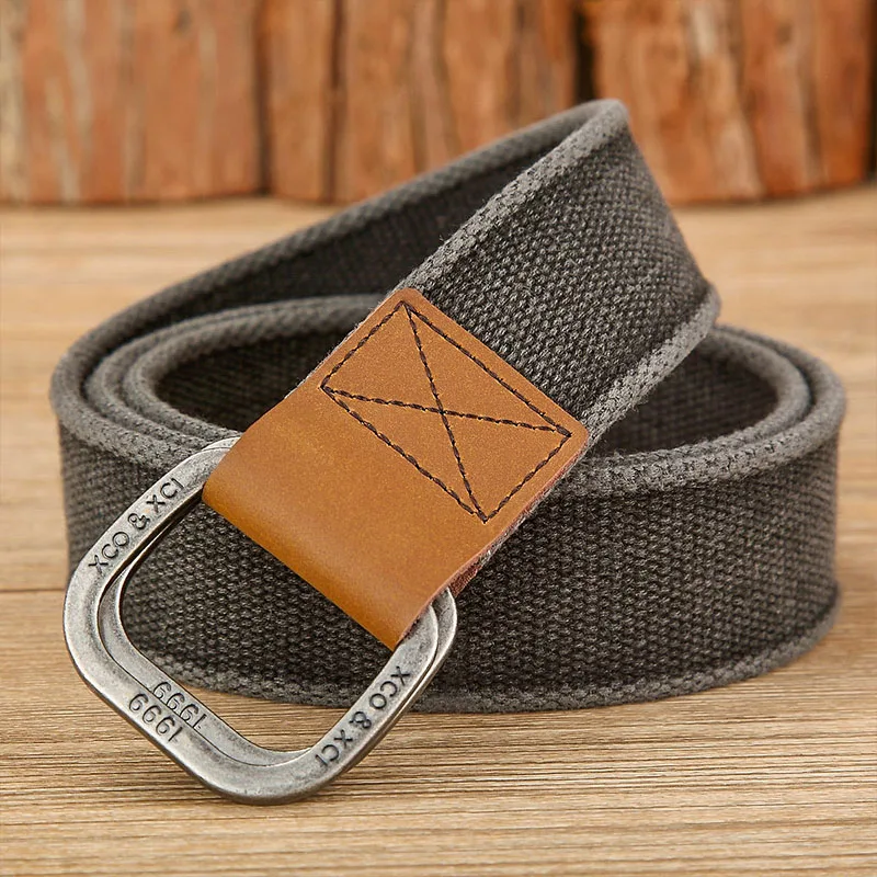 Men Genuine Leather Canvas Fabric Belts Casual Web Cloth Belts with Black Double Ring Buckle