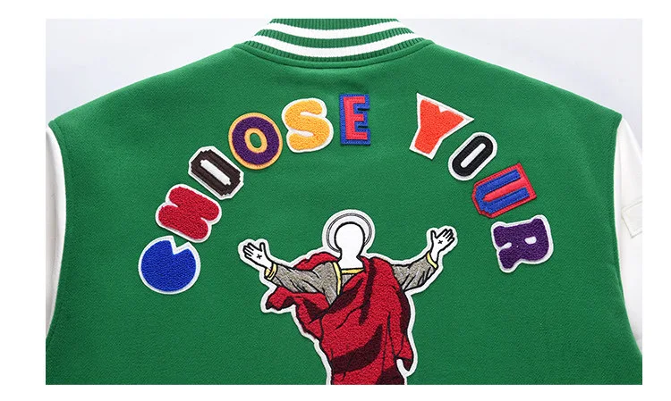 Wholesale custom logo chenille embroidery patch green color leather sleeve male college jacket letterman varsity jackets for men