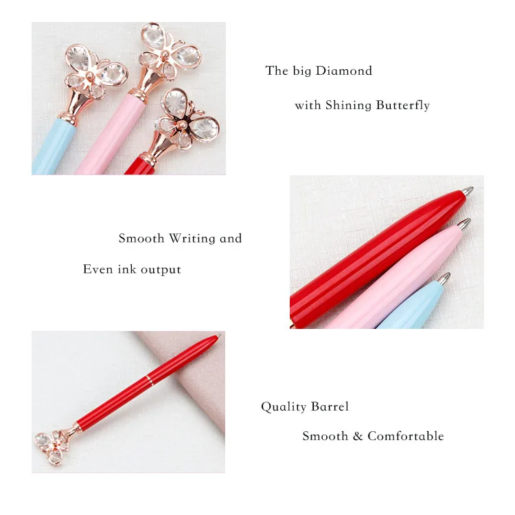 Office School Gift Custom Logo Big Diamond Butterfly Crystal Top Twist Metal Ballpoint Pen