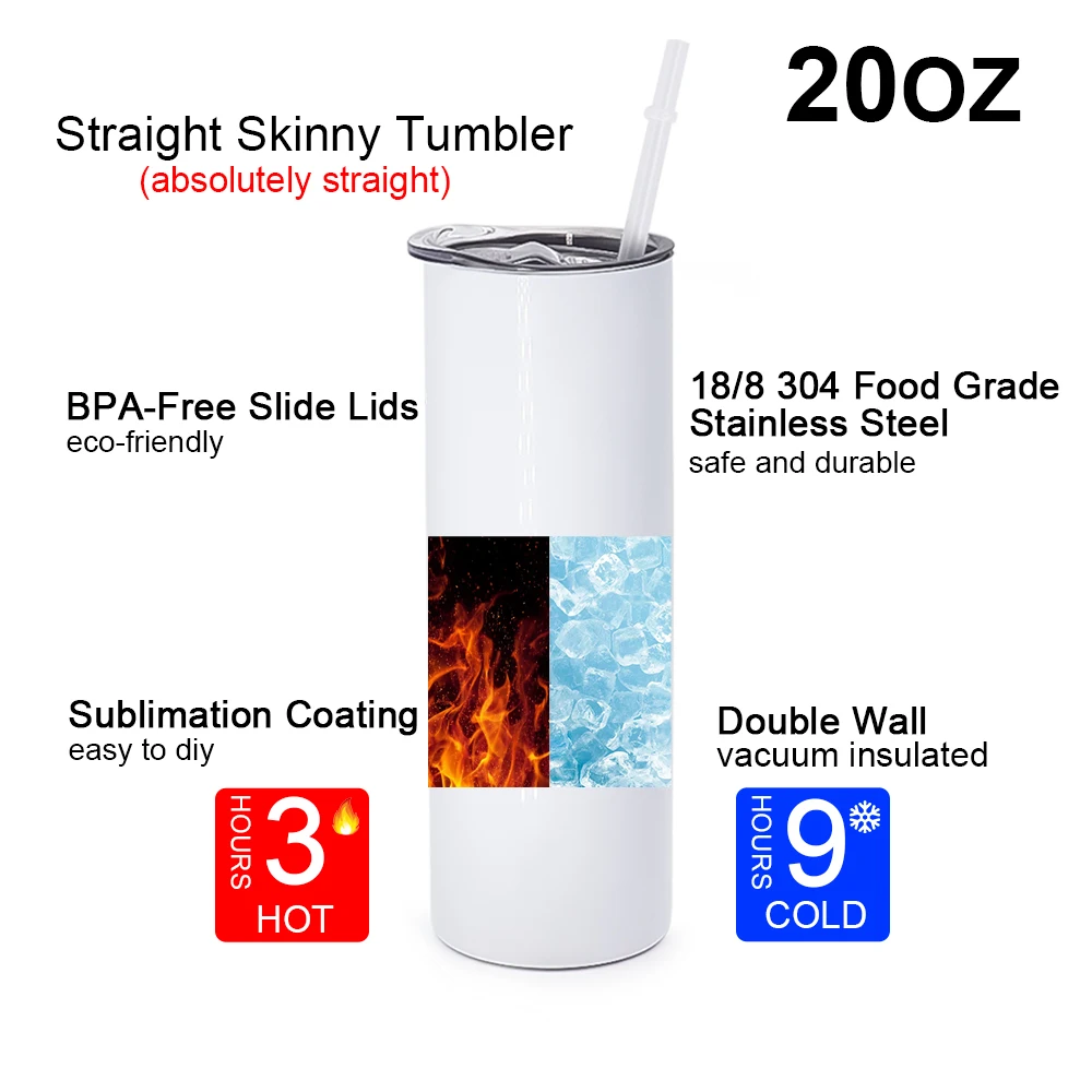 usa warehouse 20oz 30oz white sublimation blanks skinny straight double wall stainless steel sublimation tumblers