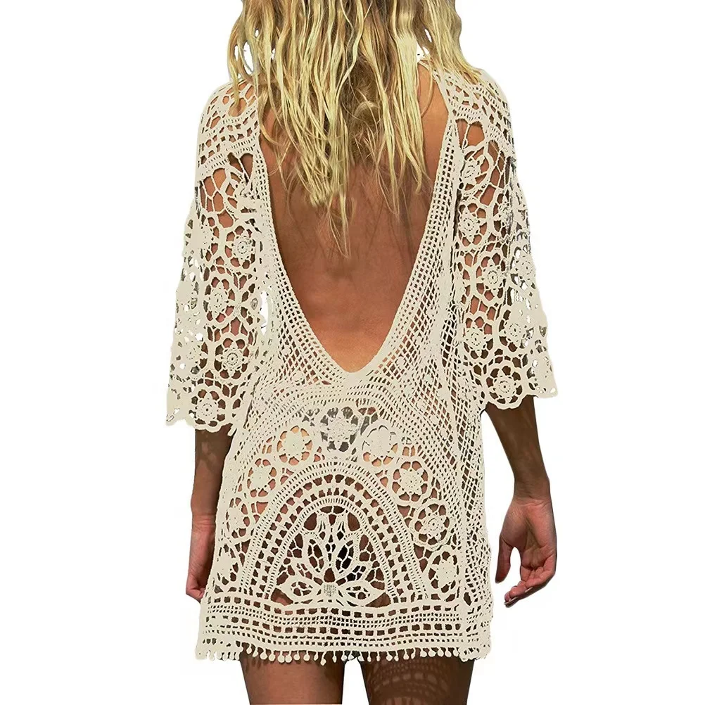 2023 Swimwear Cover Up Women White Lace Tunic Beach Dress Clothing Backless Bathing Suit Crochet Bikini Swimming Beach Wear