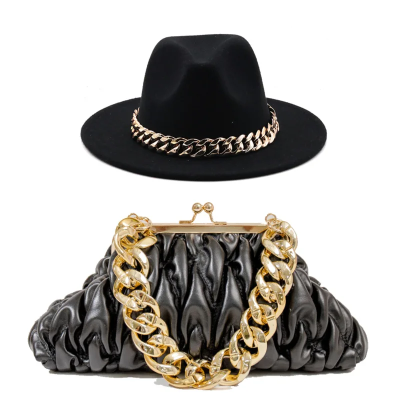 ladies chic felted wool fedora ruched pu quilted leather crossbody cloud dumpling chain bag