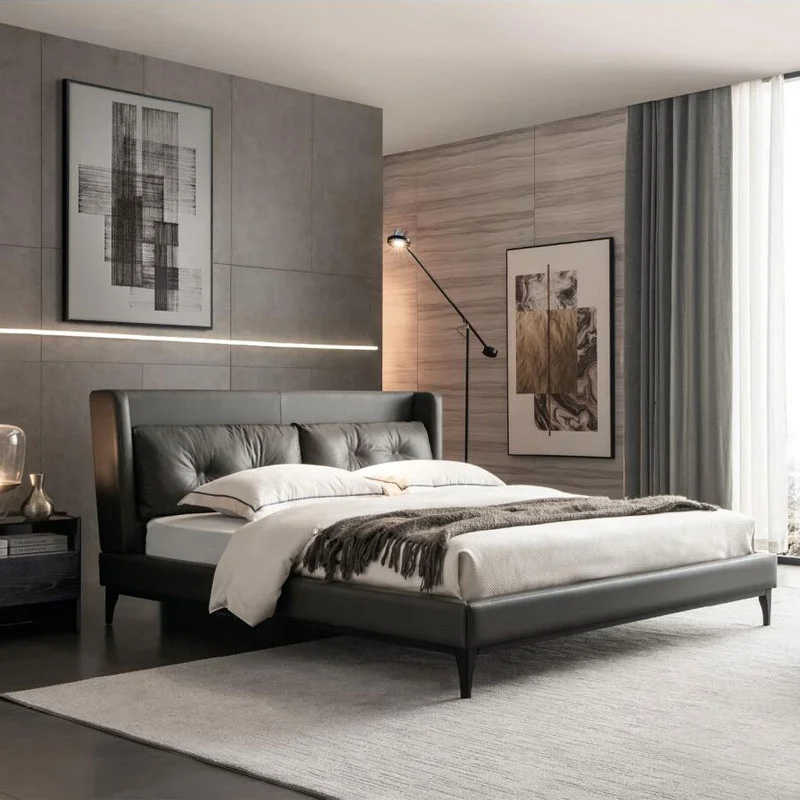 Fashionable luxury style villa bedroom furniture modern sofa bed solid wood frame dark gray comfortable leather bed