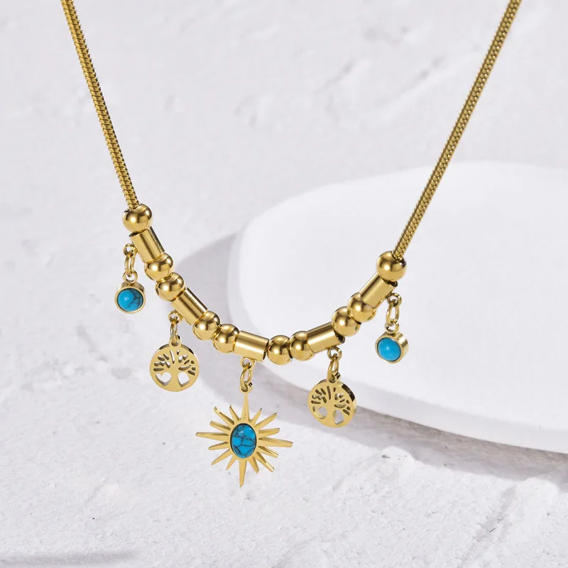 French retro INS Bohemian octagon star Tree of Life necklace women plated 18K gold snake bone chain necklace