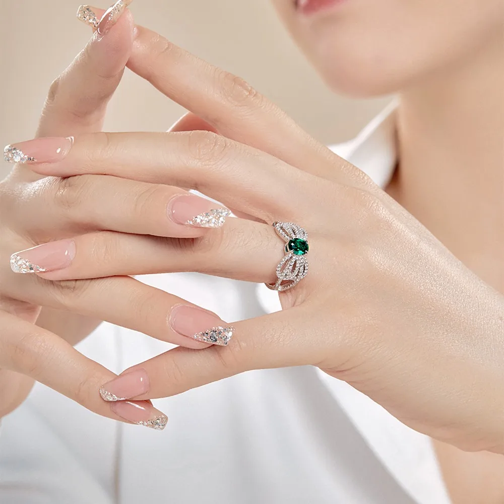 DYLAM Exclusive Design Jewelry Rings Women Eternity Wedding Band Green Emerald S925 Silver 5A Cubic Zirconia Promise Ring