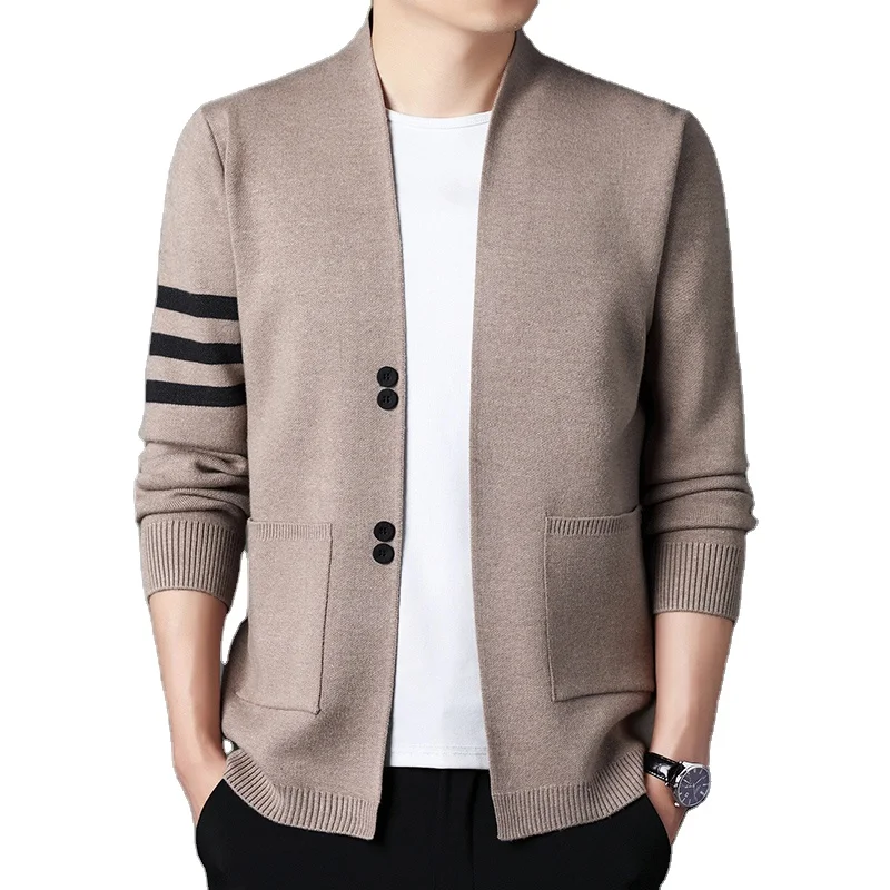 Весна, Новое поступление, Мужской приталенный свитер с открытой передней частью, декоративный мужской свитер с полосатыми пуговицами, пальто