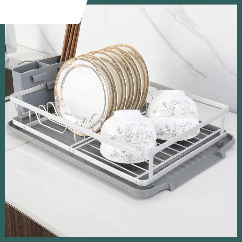 Kitchen  2 Tier With Removable Drip Tray Aluminium Dish Drying Rack and Cutlery Stand