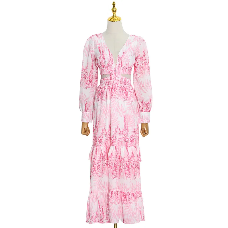 Summer Beach Style Chiffon Skirt 2021 Summer New V-Neck Sexy Hollow Heart Machine Open Waist Stitching Avant-Garde Long Dress