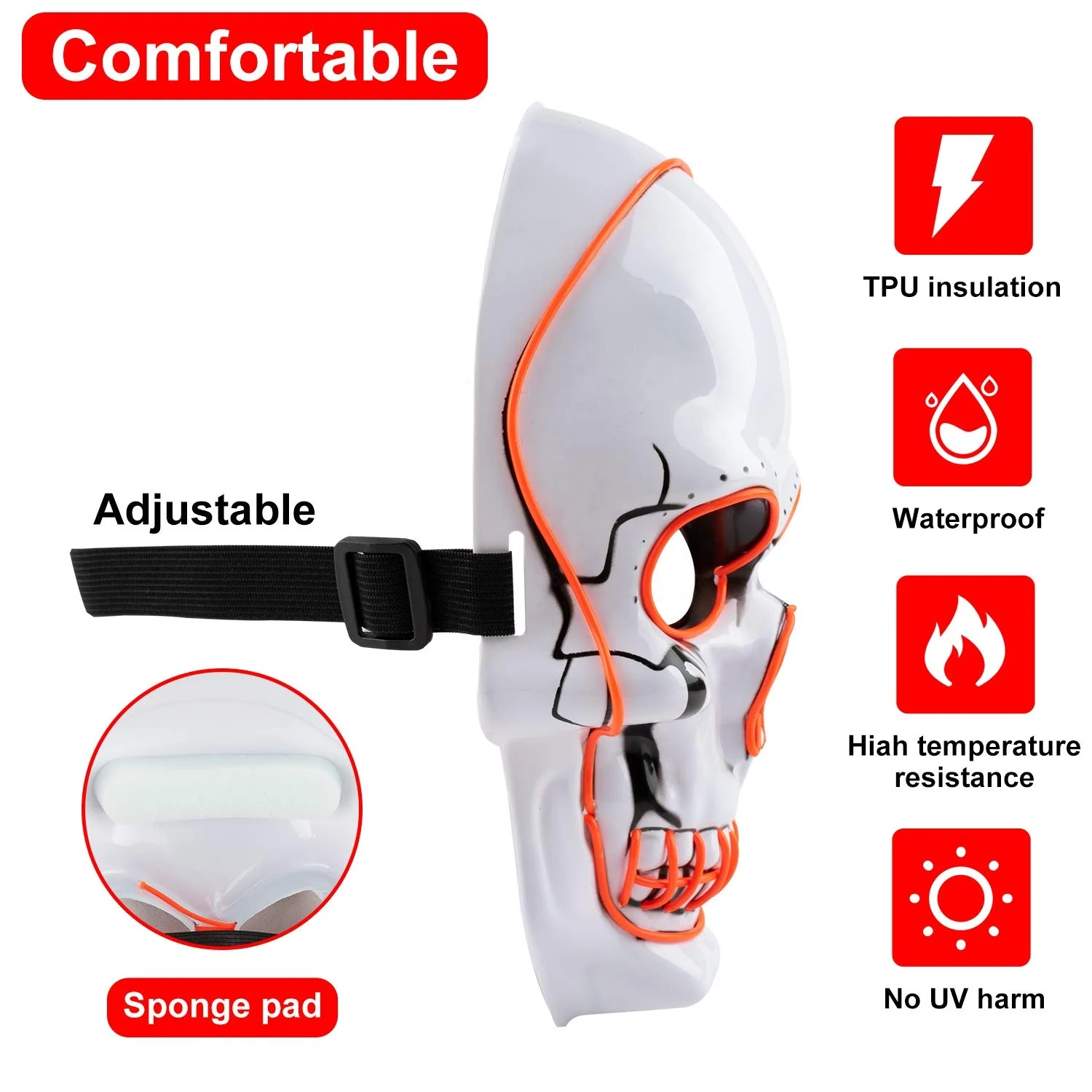 Halloween LED Mask, Light Up Scary EL Wire Skull Mask, Creepy Cosplay Mask for Festival Parties Costume