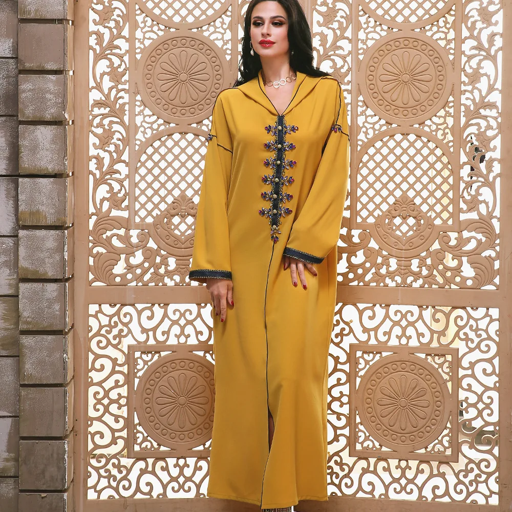 Women Moroccan  Hooded Dress Handwork Diamonds Ribbon Braid Ethnic Arabic Jellaba Dubai Saudi Family Gather Party
