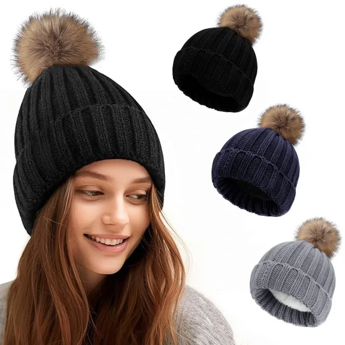 HZM-60970 Womens Winter Knitted Beanie Hat with Faux Fur Pom Beanie Warm Knit Skull Cap Beanie for Women
