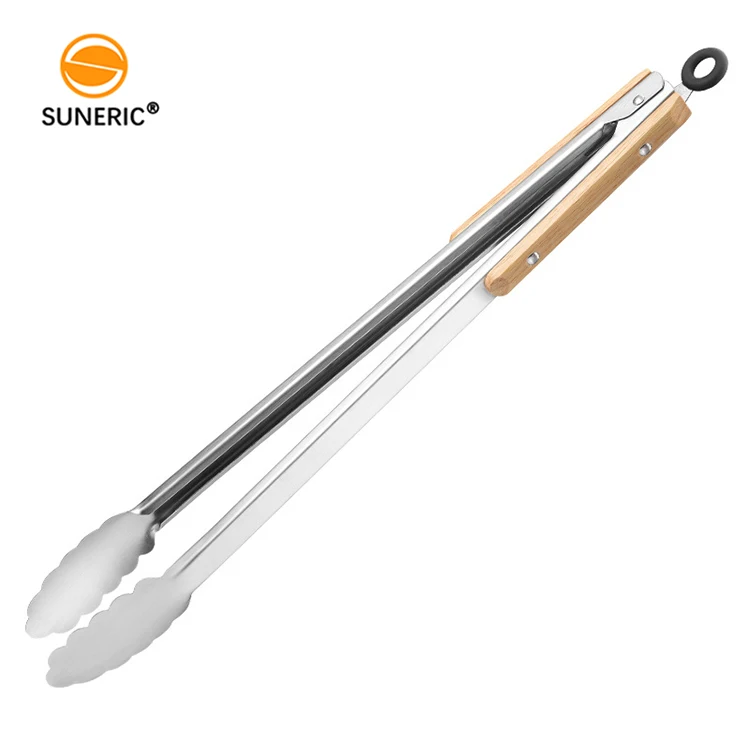 Stainless steel 16inch tongs wooden handle long BBQ cooking grill tong for serving food