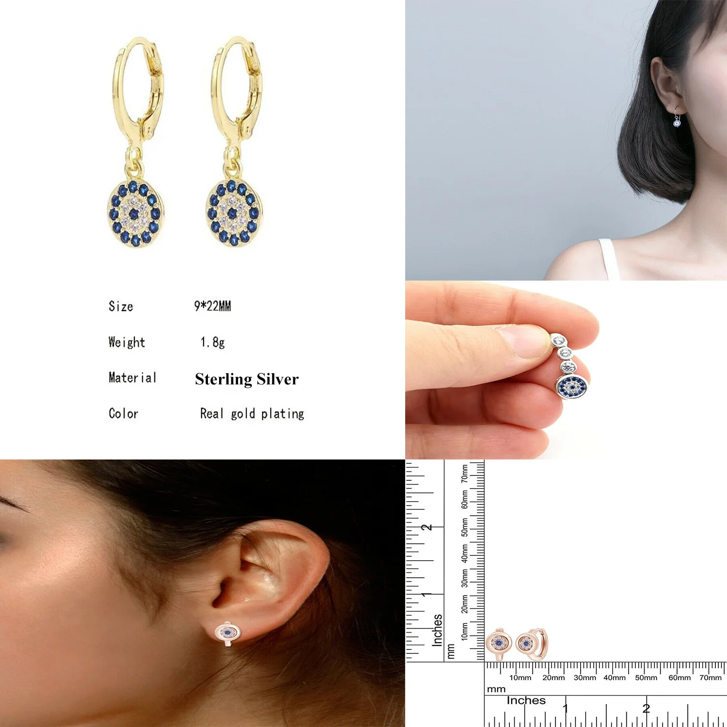 Wholesale Turkey Different Design Rattan Blue Oem Stud Baby Tiny Gold Plated Heart Hoop 925 Sterling Silver 14K Evil Eye Earring