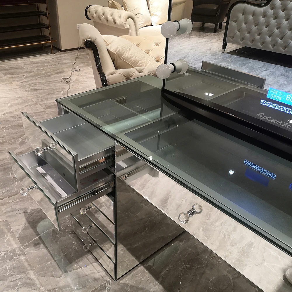 Docarelife bedroom set dresser glass tabletop 13 drawers makeup Hollywood lighted mirror vanity set  mirror table