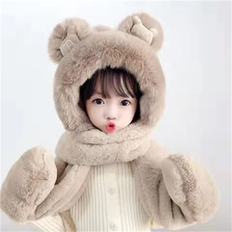 Wholesale Cute Baby Faux Fur Scarf Hat Gloves Sets Fluffy Fuzzy Plain Kids Winter Scarf Sets