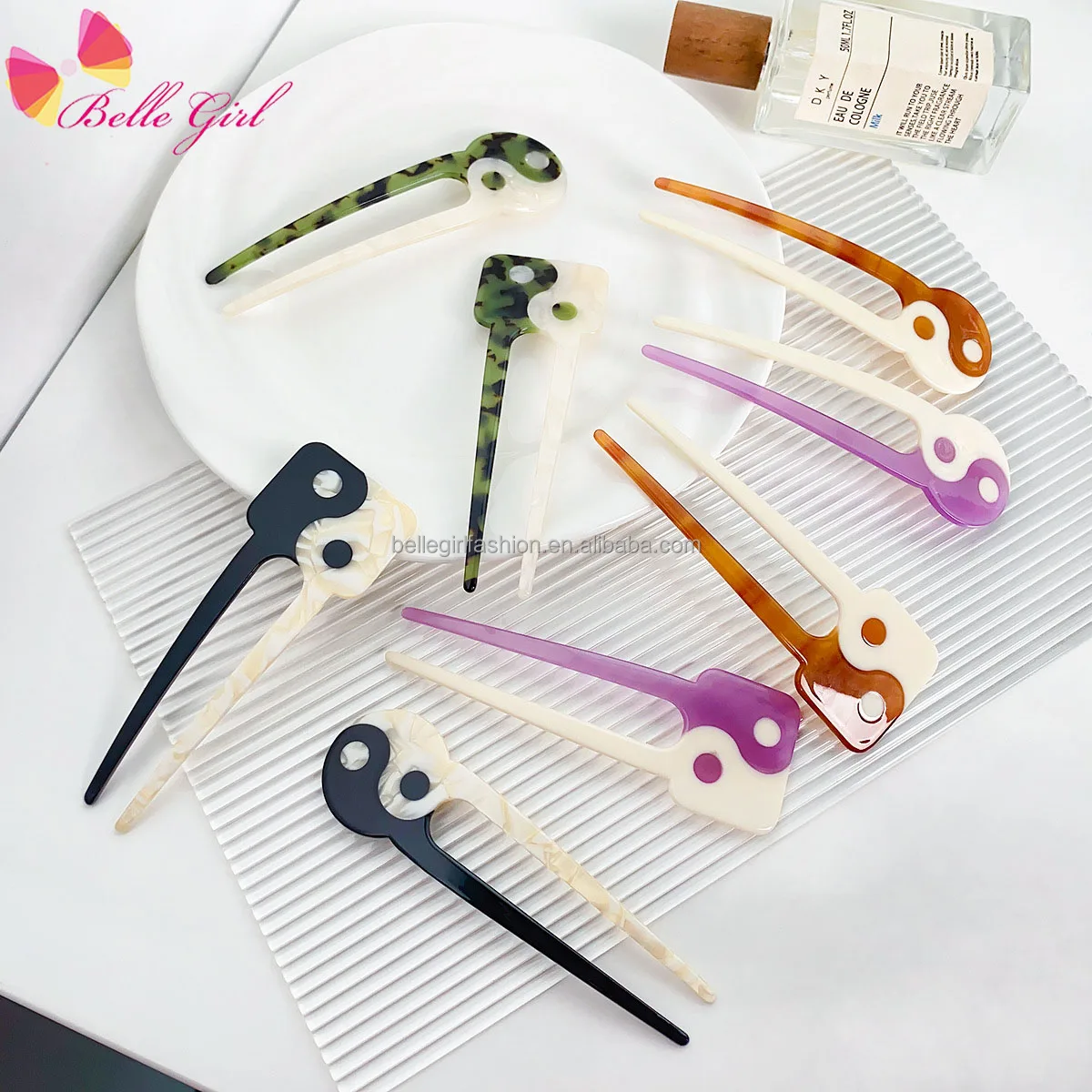 BELLEGIRL wholesale 2023 new stylish popular Chinese yin yang hair forks acetate u shaped hair pin sticks for women girls