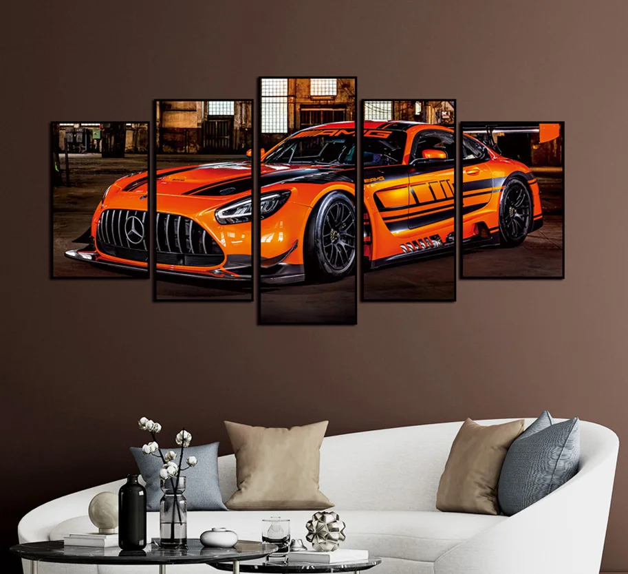 Modern Framed Poster Art Orange Sport Super car Racing Cars Wall Print Painting for Decoration 5 panel Canvas