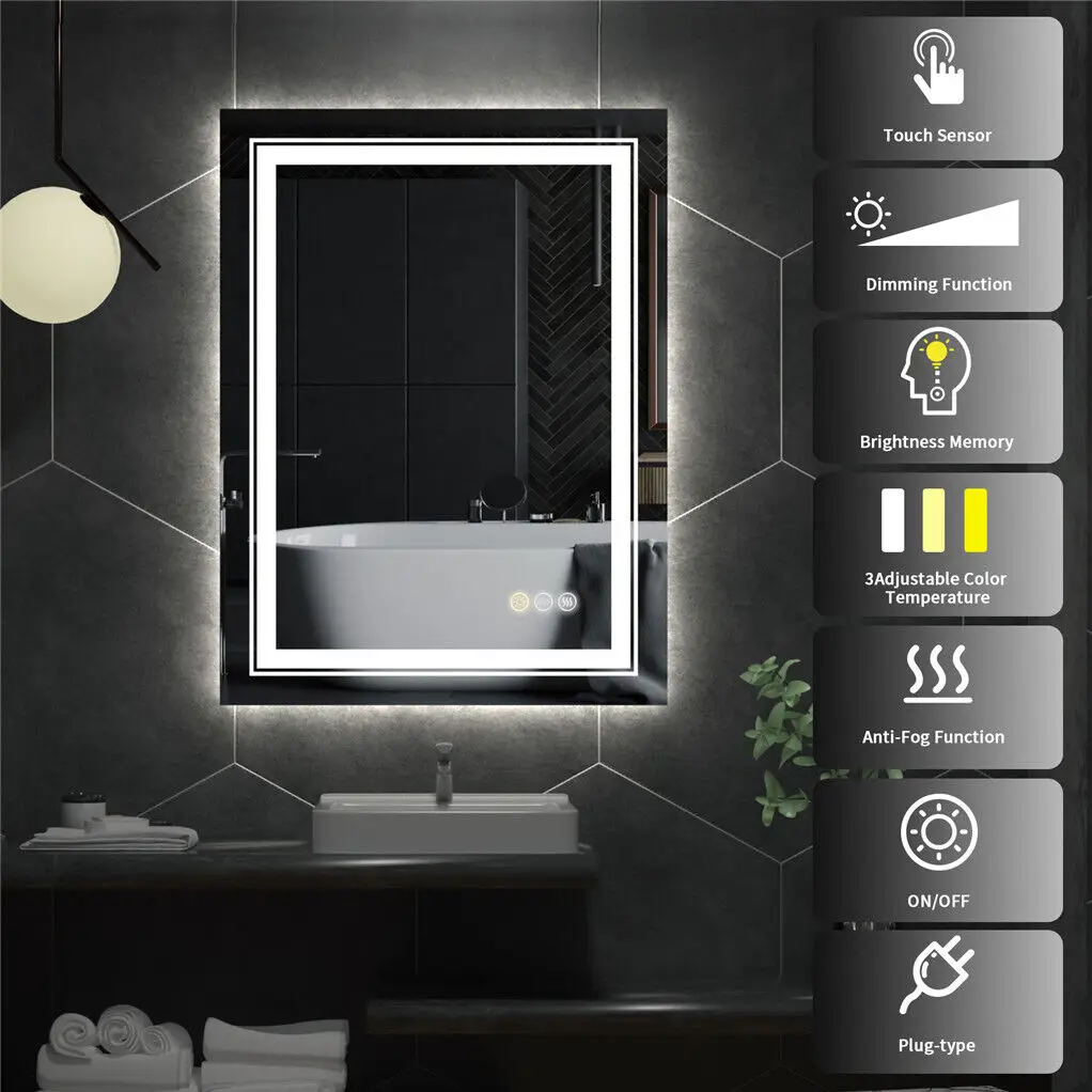 19.7x27.6 inch Custom-made Rectangle LED Double Illuminate Bathroom Mirror 3 Color Dimming Defogging Shower Shaving Mirror