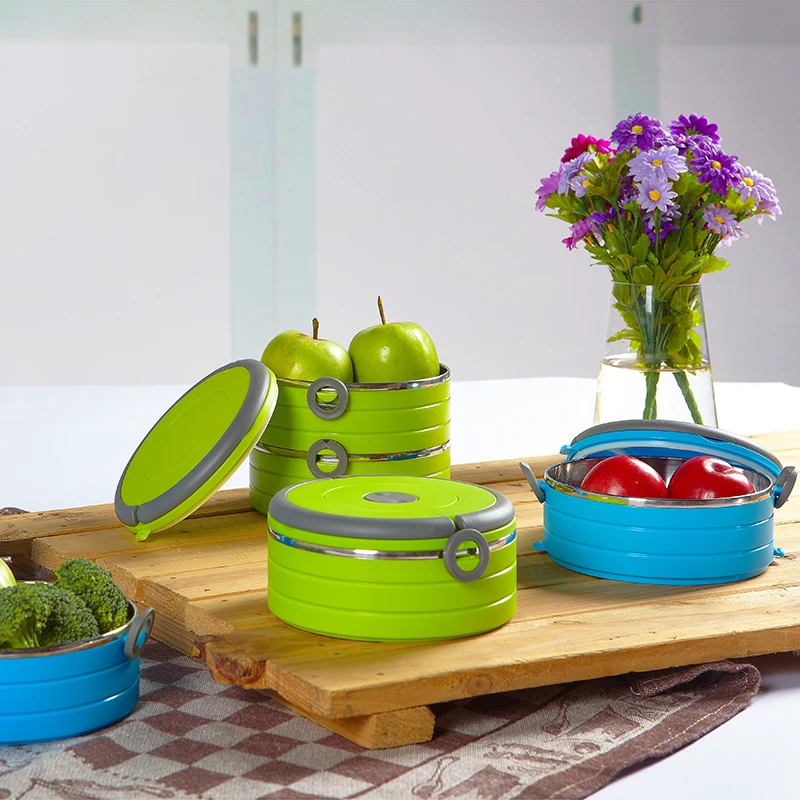 Insulated vacuum lunch box stackable 2 layers round stainless steel lunch box