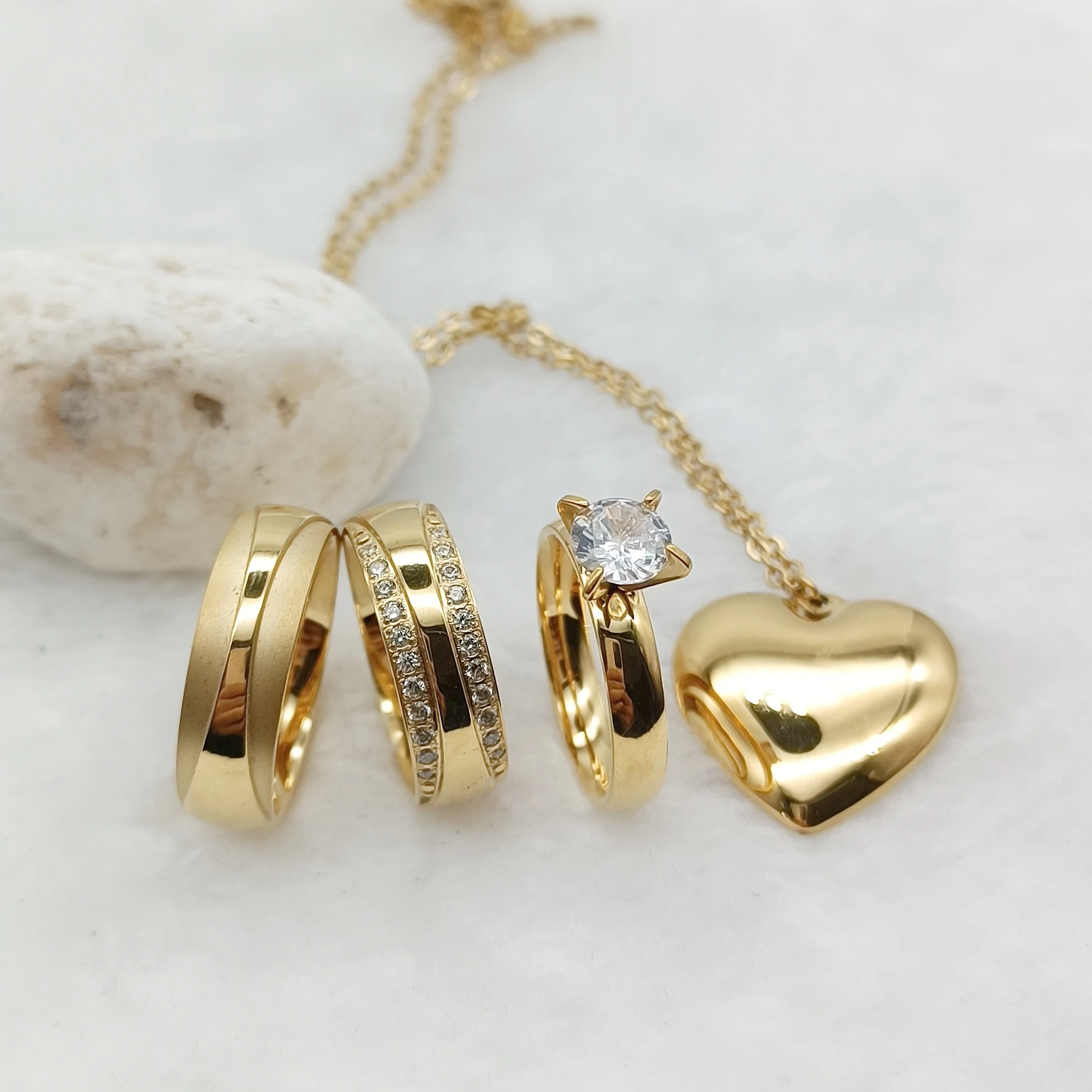 Stainless Steel Engagement Ring 1 Carat Cz Diamond Ring Dubai Jewelry Sets 18k Gold Plated Wedding Couples Jewelry Pendant