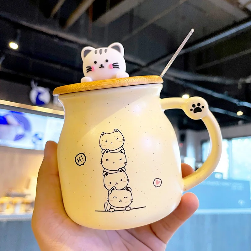 Cute Cat Ceramic Mug with 3D Cat Wooden Lid and Spoon New Design 350ml Couple Cartoon Cats Milk Cup for Women Girls Kids