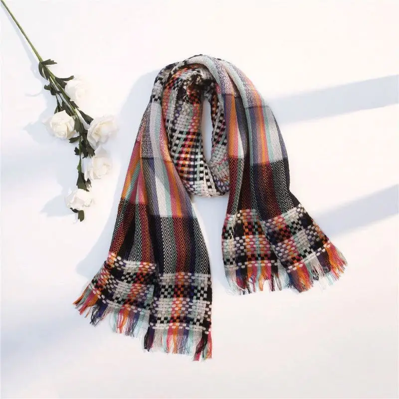 Вязаный цветной шарф в полоску на осень/зиму, длинный плотный теплый шарф с бахромой
